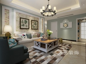 錦藝城美式田園風裝修樣板間130平三室兩廳戶型案例——美式沙發背景墻