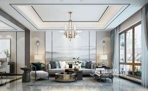 新田城210平四室大平层装修案例效果图——新中式客厅沙发布局
