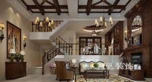 锦艺城联排别墅装修美式乡村风300平设计——入户客厅与楼梯