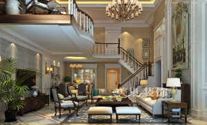 龙之梦210平四室挑空复式楼装修案例效果图——美式客厅与楼梯布局
