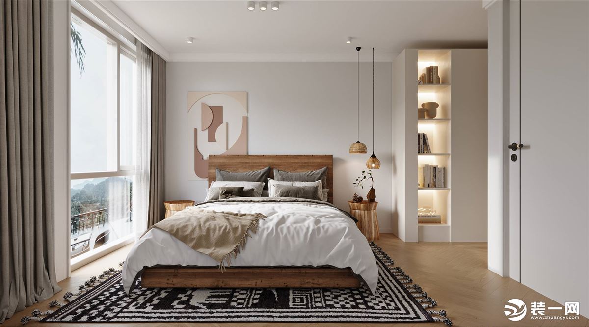 主卧室采用白色与原木色作为主色调，贴合自然环境，营造温馨氛围。
