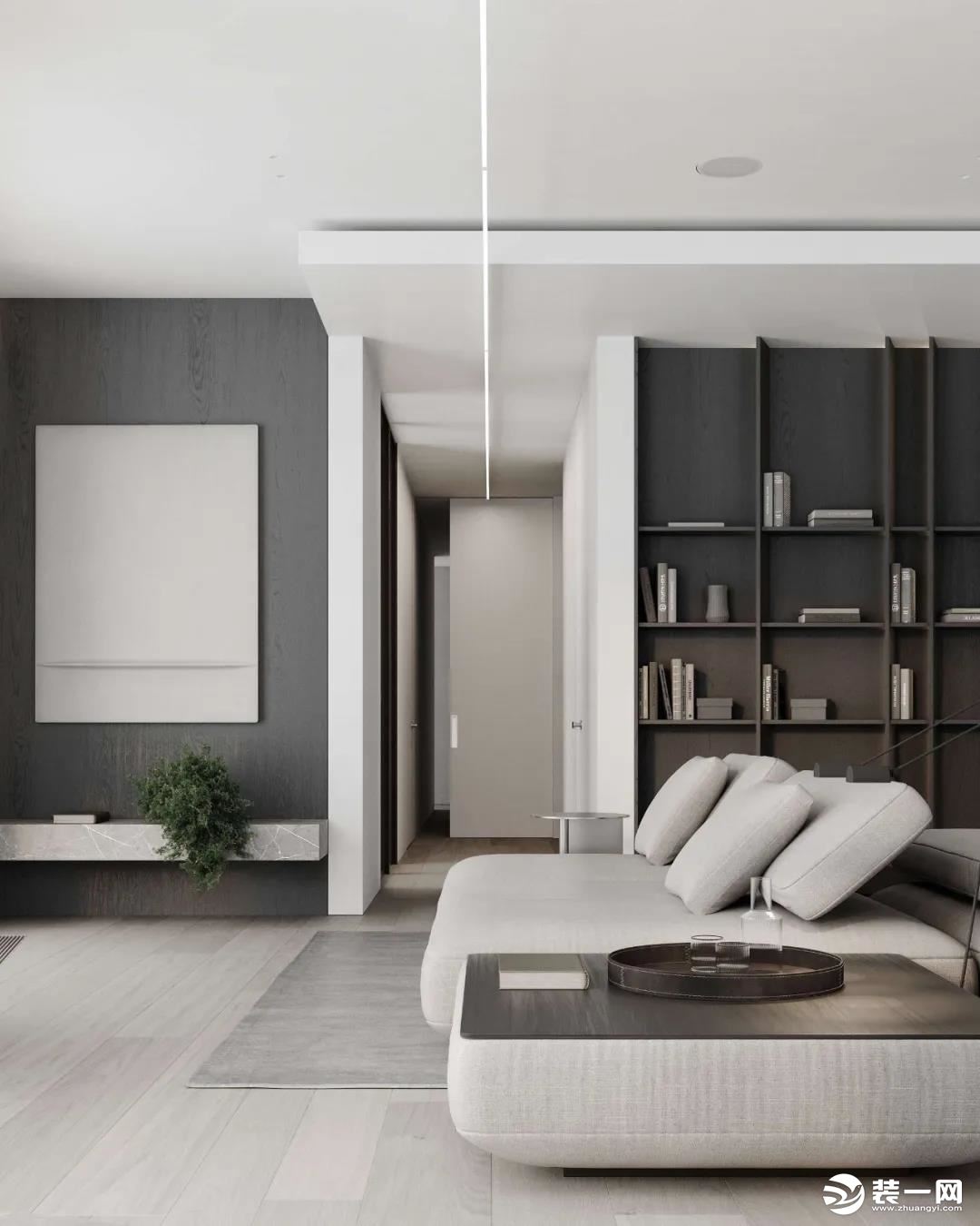 灰白的底色中，温润木材元素构建起冷暖平衡的空间韵律，再加上材质和灯光的运用凸显，使整个公寓质感与舒适