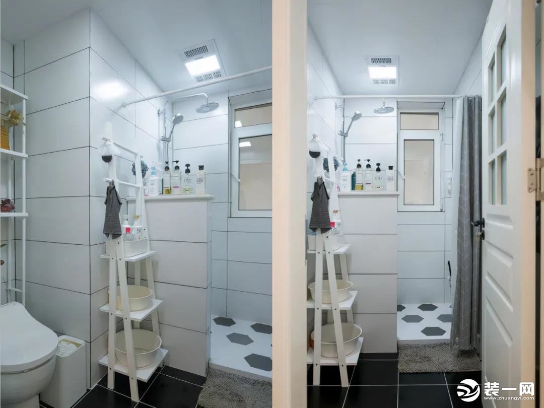 主卫，内部新建高度120cm墙体做淋浴隔断，搭配浴帘设计让空间更灵活