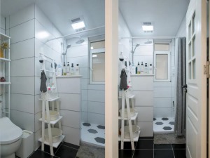 主卫，内部新建高度120cm墙体做淋浴隔断，搭配浴帘设计让空间更灵活