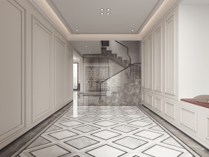 欧式简约墙线在玄关廊道找到了完美的发挥空间，留白的墙面通过层层边框线把优雅古典的韵味体现的淋漓尽致。