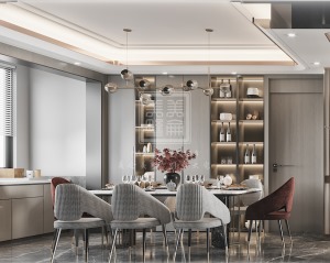 餐厅设计也是很重要的，与客厅相呼应色彩的搭配，简洁的酒柜，画龙点睛的装饰，让餐厅活色生香起来！