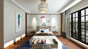 卧室大大的落地窗，使整个空间的透光性非常好。纯天然的实木地板铺贴、床头柜和床头木色线条的设计，使得中