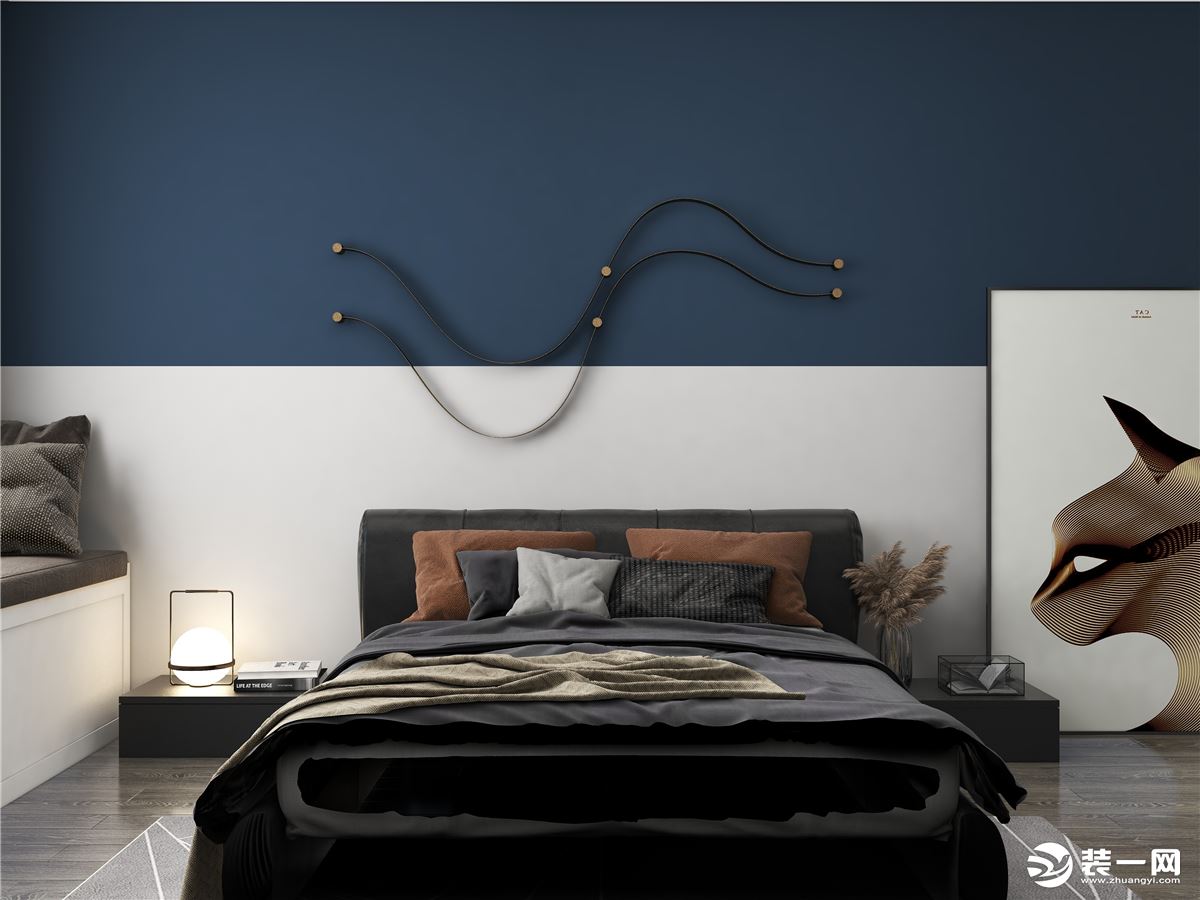 冷色调的背景墙运用能让人静下心来，保证其睡眠，小夜灯的融入为空间增加氛围。