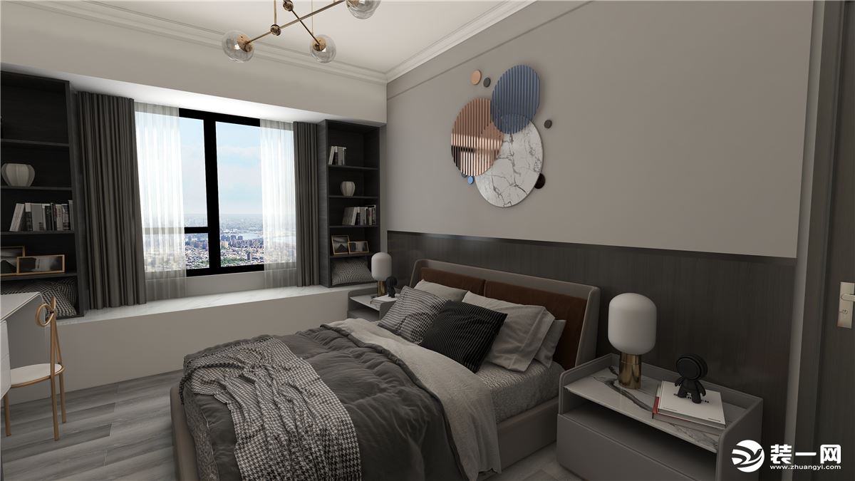 卧室黑白灰色彩基调的元素融合搭配金属，使生活提高品质的同时，也能给空间增添一丝高雅，使整体不在压抑。