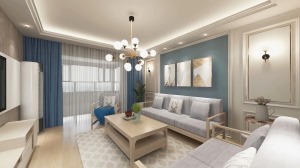 蓝白相间，家具再搭配原木的材质，给人一种清新的感觉。