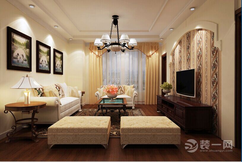 武汉合融清华源两居室88平美式风格客厅沙发效果图