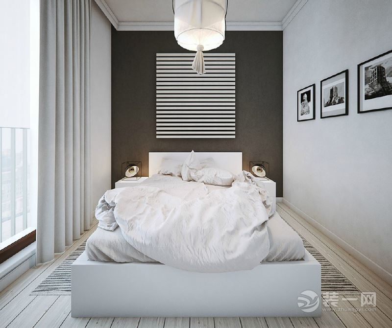 卧室：壁纸，和个性的顶灯给简洁的房间增添了几分色彩。