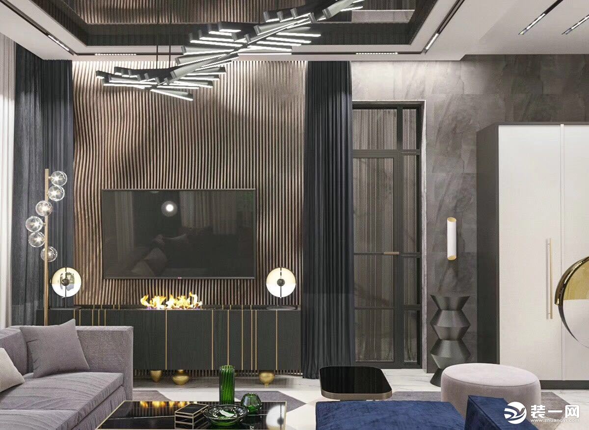 灰色的电视墙，吊顶灯的设计  使客厅充满高级感