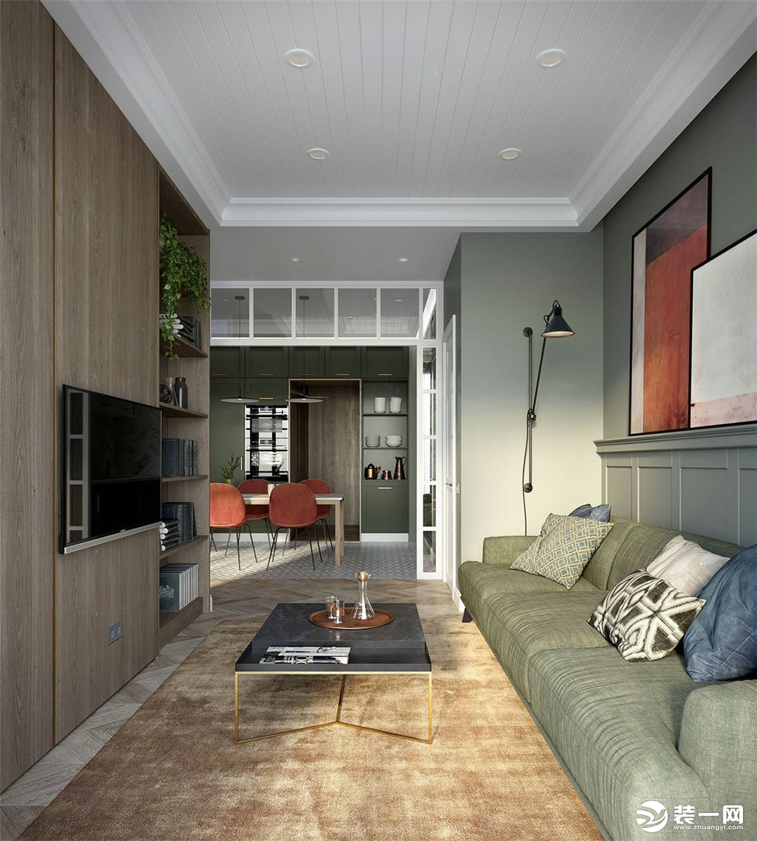 以绿色点缀，没有多余的色彩，将客厅简约温暖的特性表达到位。