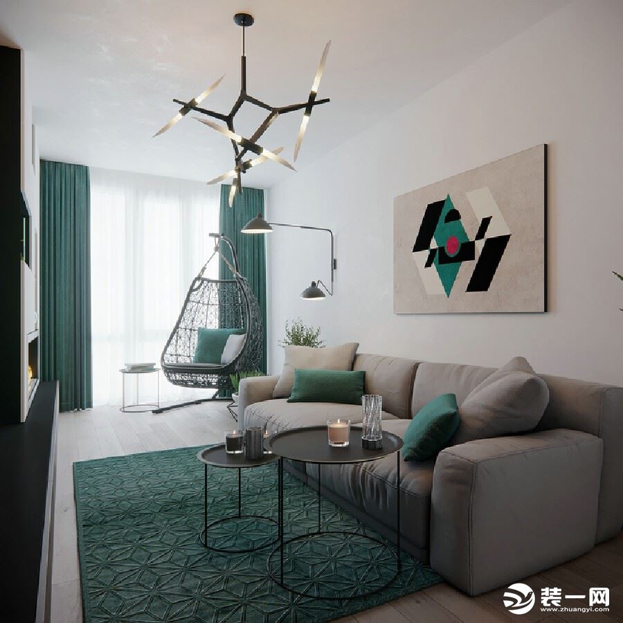 卧室中间以深绿色装点主调色彩，恰好表意一室的轻快现代质感，稳重而不失灵动，浪漫写意的艺术气息流淌一室
