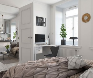 卧室：卧室白色调墙面，和灰色的床上用品搭配的恰到好处，温馨而不失质感。