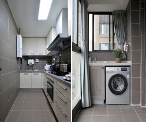 厨房：地砖橱柜都是选用的灰色调，深沉而有质感。