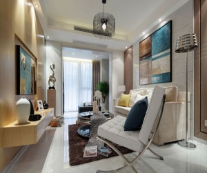 客厅：现代简约风的装饰，线条简单，搭配简易的家具，功能性强。