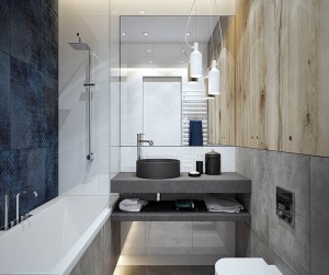 卫生间：酒店公寓式的洗手间设计，墙面下半截采用了工业风的水泥砖，而上边则采用了日式的原木材料