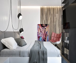 卧室：个性的大幅画，给这个颜色单调的卧室带来了生动的气息，床头灯原来也可以如此个性。