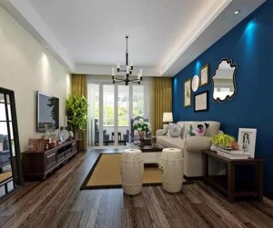 客厅：整体给人的感觉有点复古，蓝色的背景墙，木色地板和家具，演绎了一种古堡式宫殿品位。