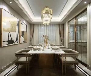 客厅的金色元素，餐厅柔美的灯光映照着大理石桌面，艺术玻璃移门，巧妙隔断厨房空间