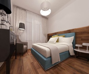 卧室-卧室延续了客厅的蓝、白、黑等色，木质地板则从墙腰铺陈整个地面，如同床具的造型，带来空间层次性。