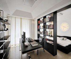 书房：将卧室和书房之间用书架隔起来，这样既美观也增大了空间感。