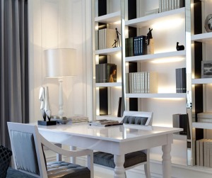 书房：房子是以亮白色为基底，书桌书柜都是亮白色，给人一种明亮的感觉。