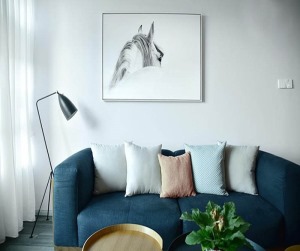 客厅：一个落地灯，一张赋有艺术感的挂画，一张蓝色的沙发，就很好了。