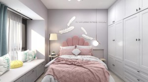 臥室以粉色為主色調，窗下做整體飄窗柜，加大存儲功能