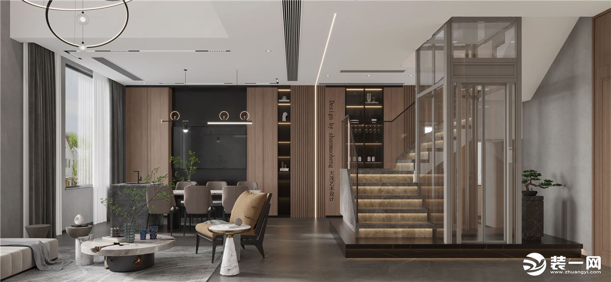 客餐厅酒柜电视墙一体化设计增加了空间的整体性和延伸性