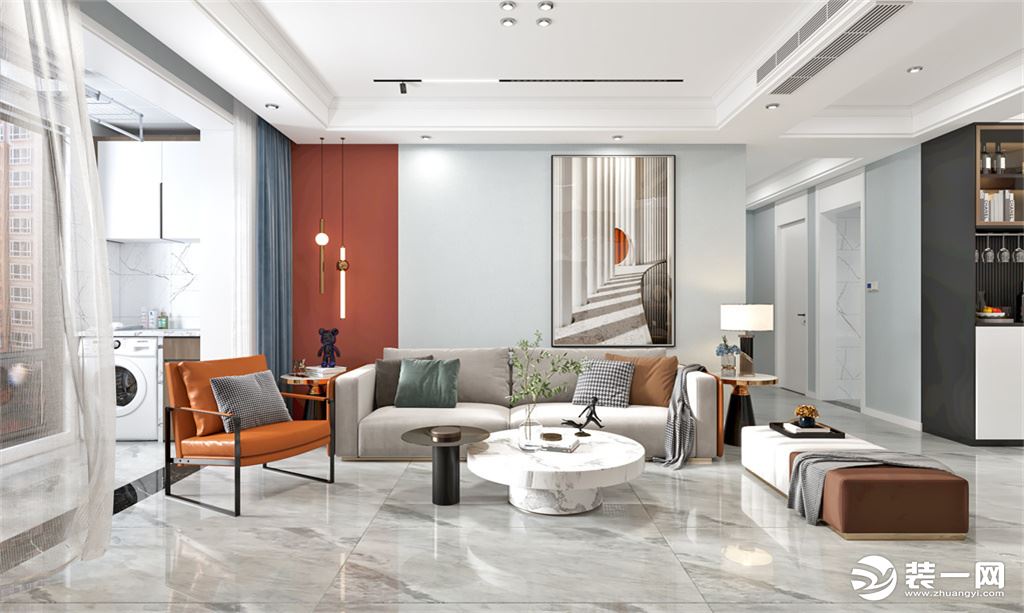 空间设计上注重家具和配饰的搭配与摆放，搭配  白  蓝 金  黄   四个永恒经典色彩，现代摩登视觉