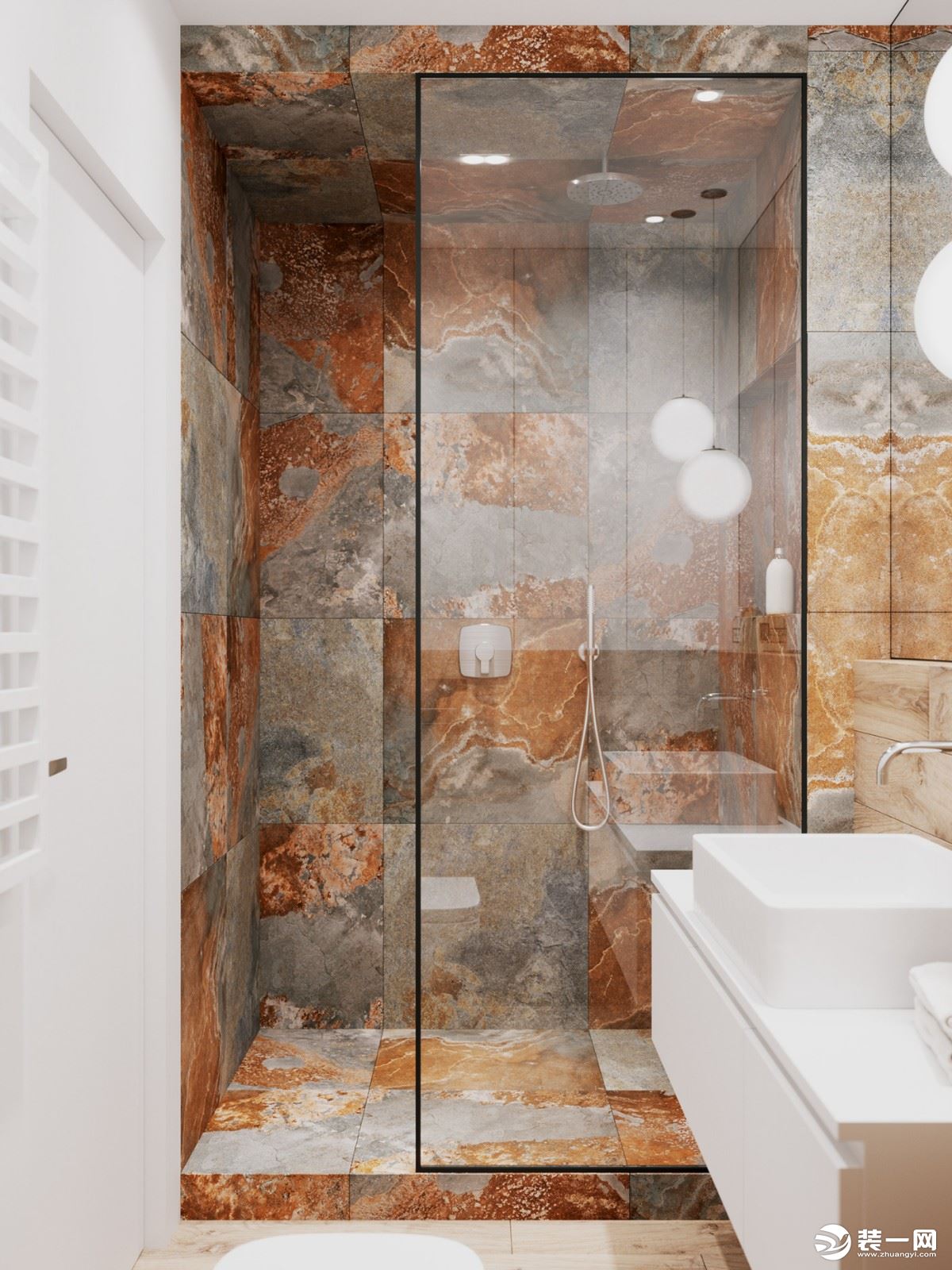 天然大理石红纹砖通铺淋浴房，色彩高级、质感舒适。