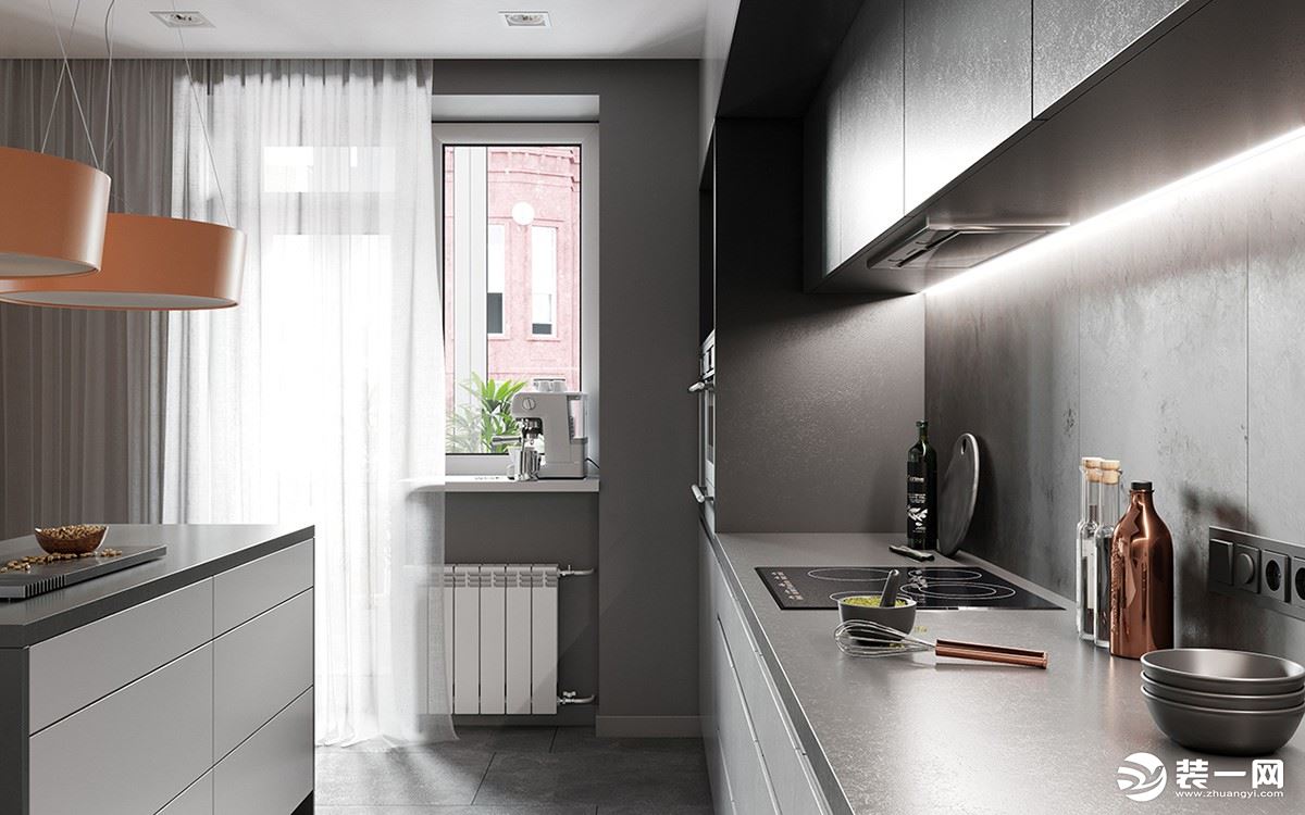 简易L型厨房，极简灰白组合加上镶嵌的氛围灯管，烹饪三餐，制造浪漫。