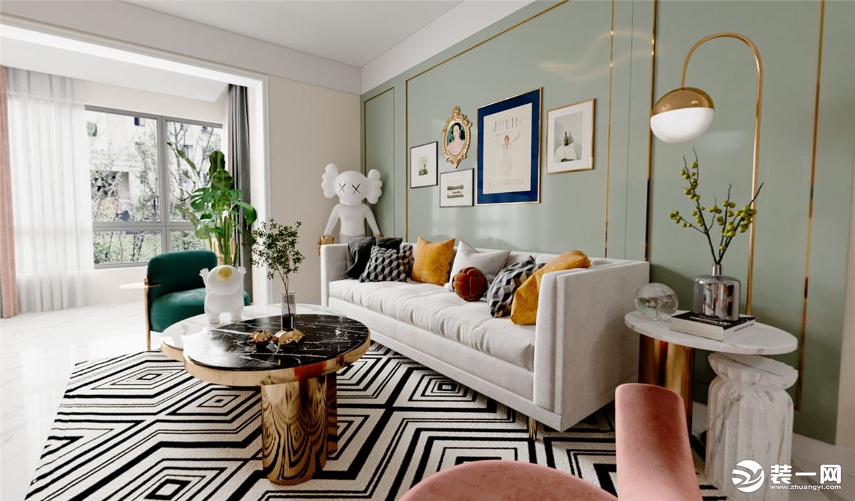 沙发，奶绿色的背景搭配浅灰色的布艺沙发在配以金属色泽的线条，风格甜美又不失高级