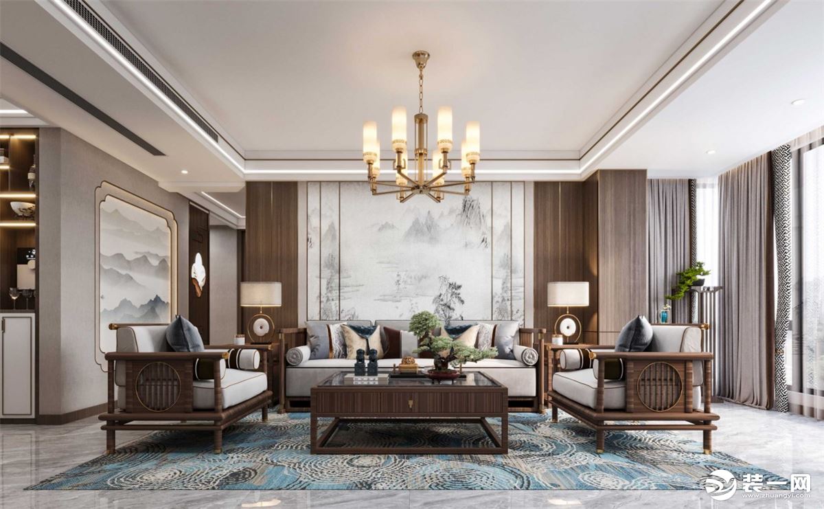 新中式的客厅总是能让人沉迷其中，有现代的简约，又有中式的古典美。