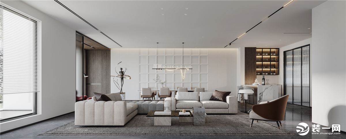 客厅总体以浅米色、高级灰色、赭石色、原木中性色调搭配出现代精致之居，空间形式遵循功能，强调精致优雅的