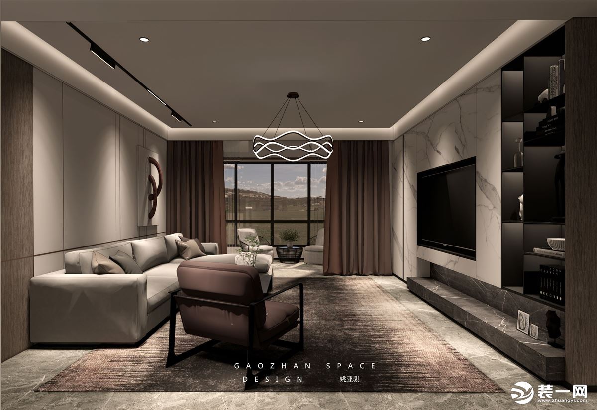 浅灰色布艺沙发与驼色系家居装饰组合在灯光的映衬下温馨沉静，极简个性的茶几线条极具现代设计感，沙发背景