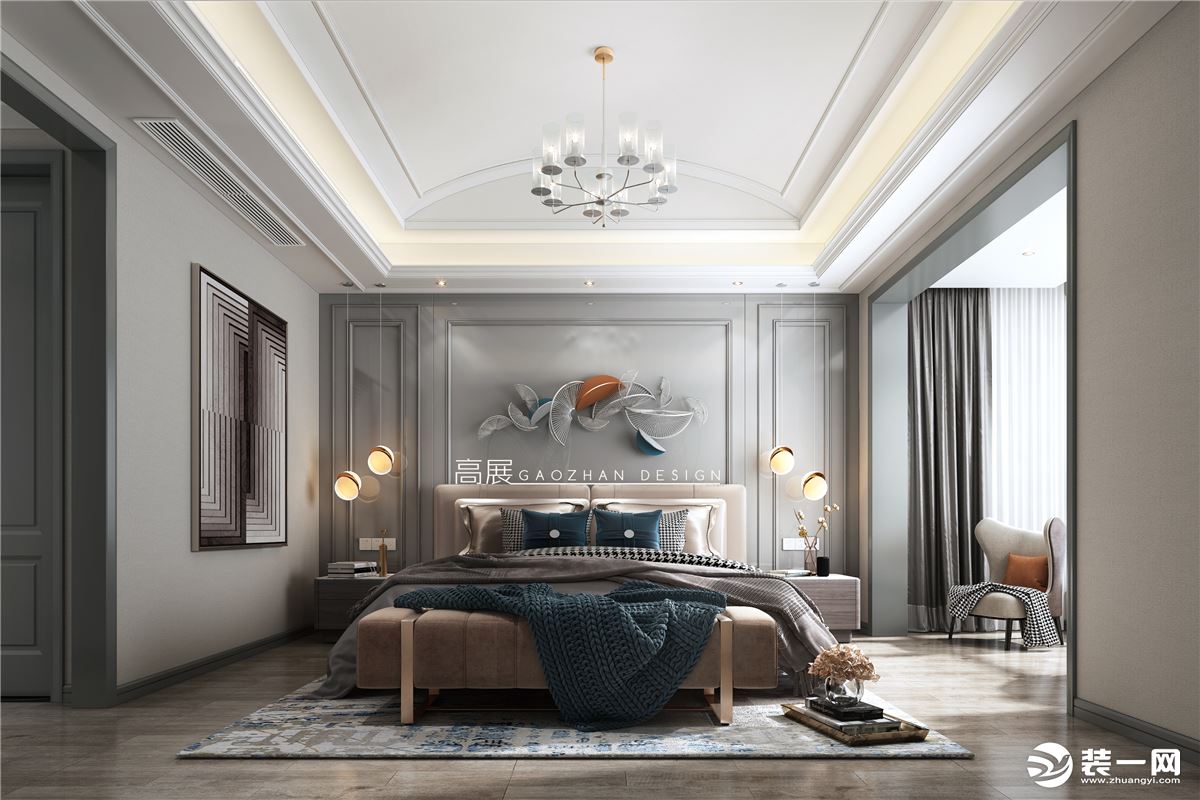 美式的卧室都是敞亮、颜色简洁的，温馨的，大面积木质材质的运用，仿佛整个卧室空间都是有温度的。
