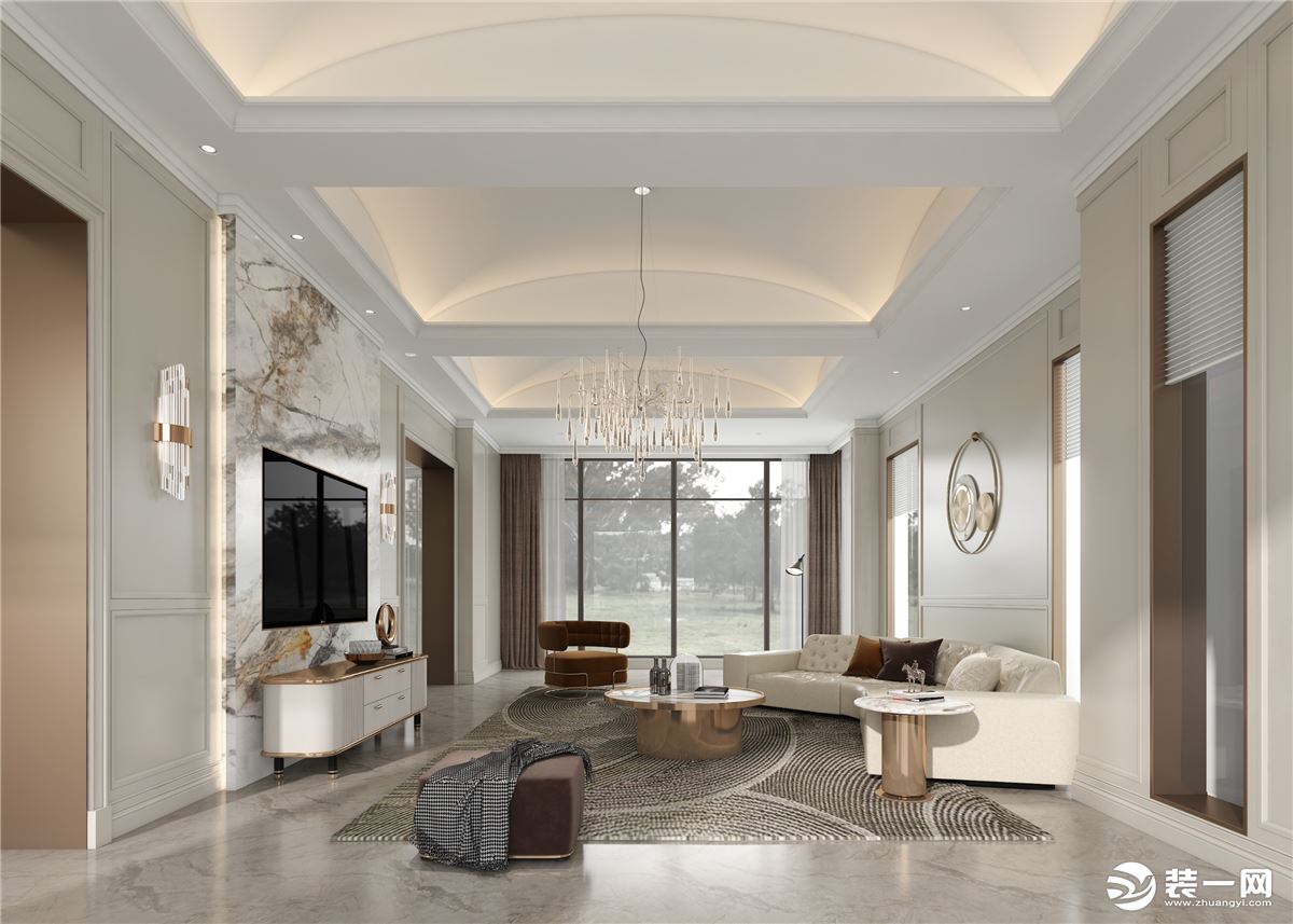 客厅：奶白色空间里，清新的大理石电视背景墙搭配奶白色布艺沙发和金属茶几。无论是吊灯还是地板设计氛围都