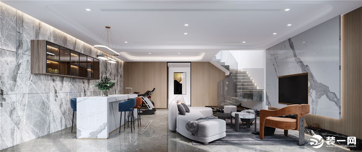 客厅以简洁大方为主，大量运用大理石材质来提高空间的现代时尚简约的质感，显得空间明亮宽敞，营造通透的感
