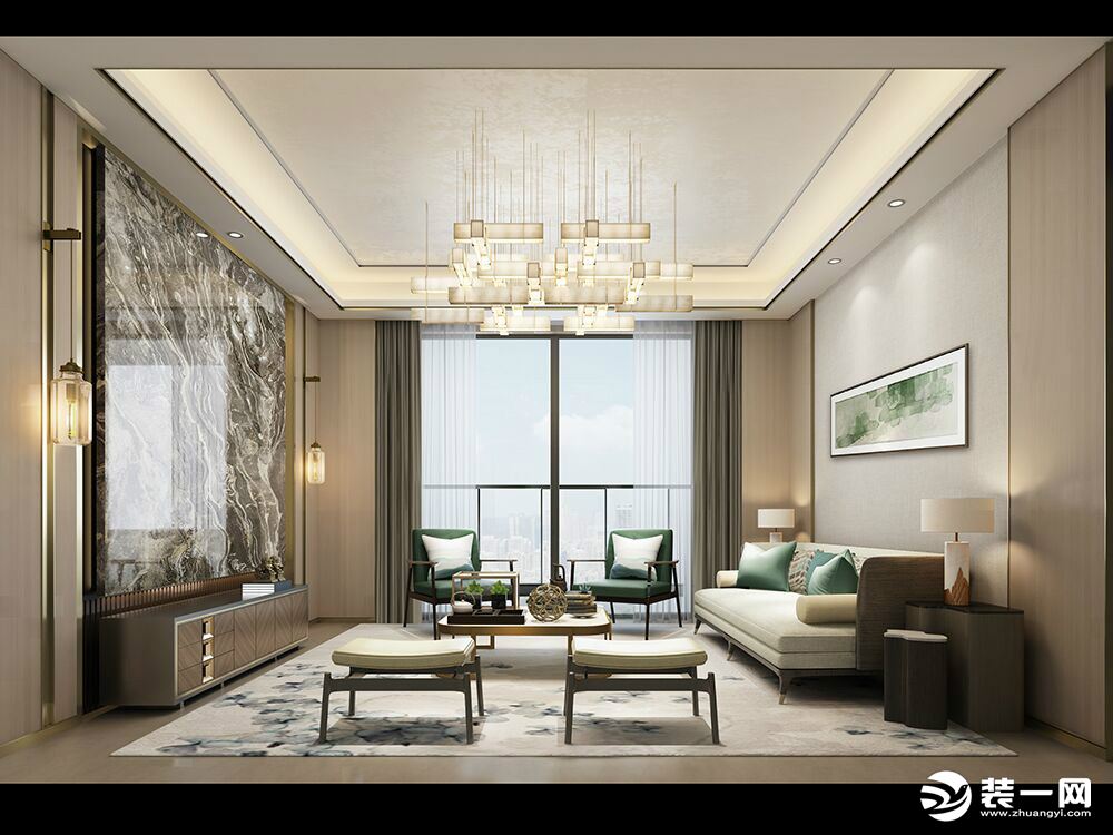客厅让室内自然采光最大化，由米白色、暖灰色为色彩主色调，再加以小面积橄榄绿做点缀，让空间色彩统一和谐