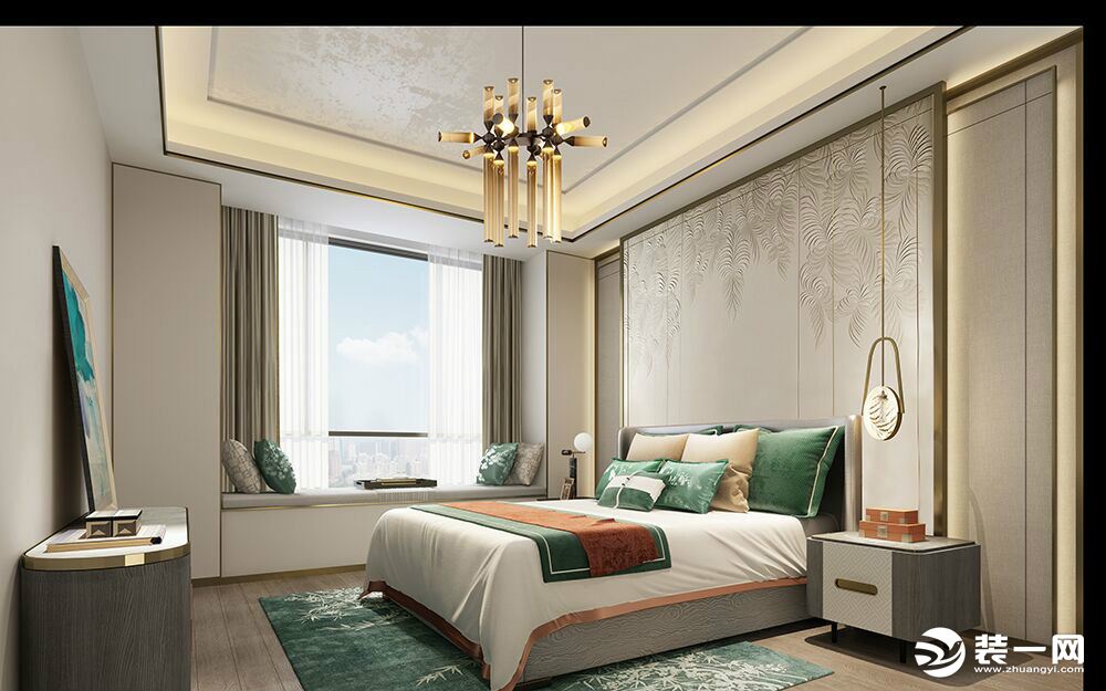 卧室内部主要以直线条与圆线条的组合设计，感官柔软和光滑。床头没有额外的装饰物，通过墙布本身的纹理和花