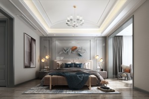 美式的卧室都是敞亮、颜色简洁的，温馨的，大面积木质材质的运用，仿佛整个卧室空间都是有温度的。