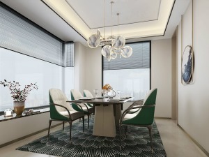 餐厅以大面积留白为背景，与绿色餐椅和地毯形成明显的对比，金色的仿团扇组合设计的吊灯，和同样仿团扇设计