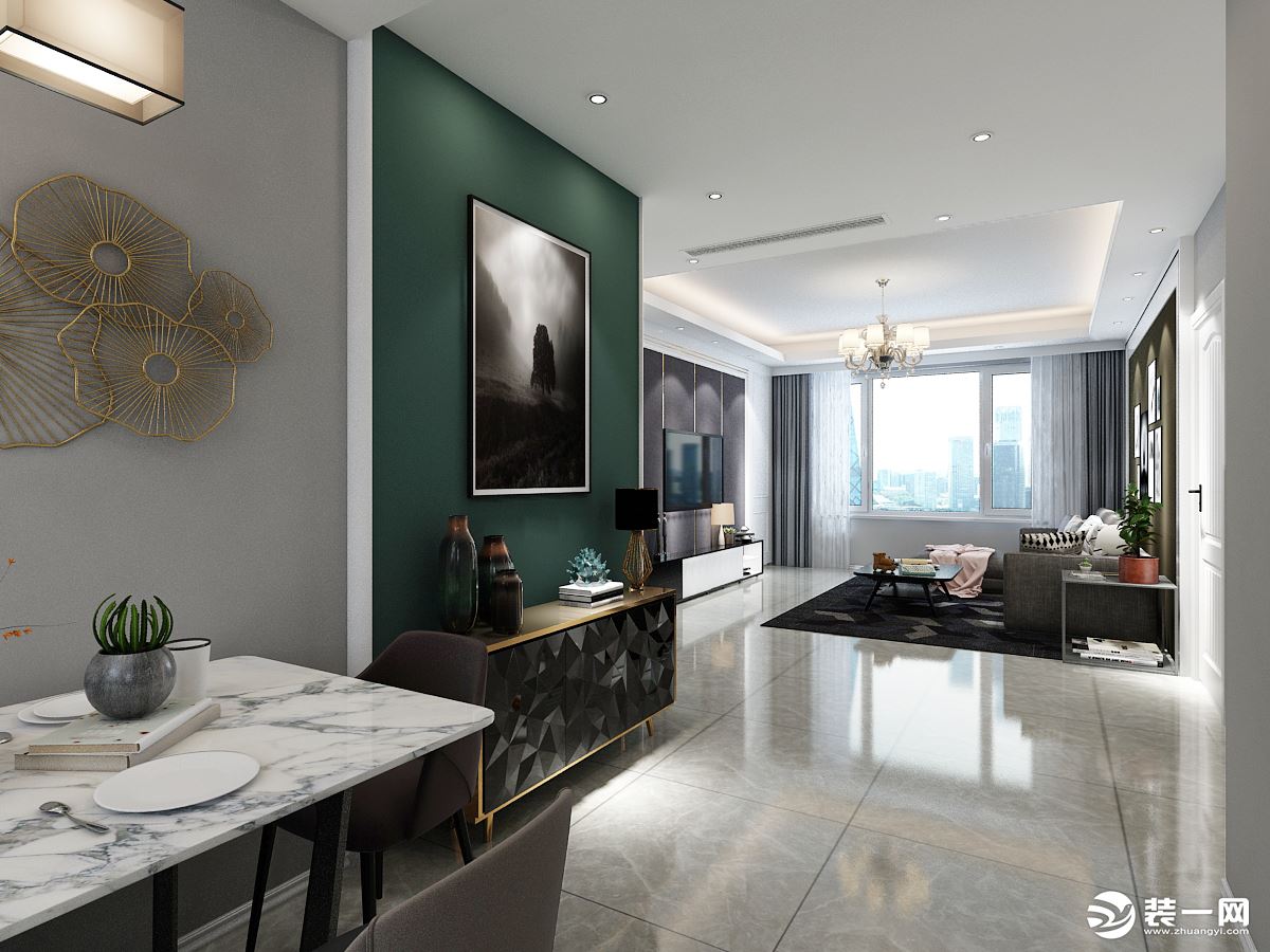 客厅-黑白色系为主色调，搭配墨绿、深灰，深棕等朴素色彩，使空间趋于成熟理性