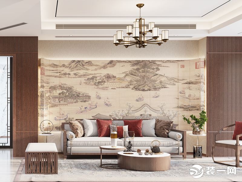 【南京方林装饰】汤山鎏园300㎡新中式风格案例——客厅