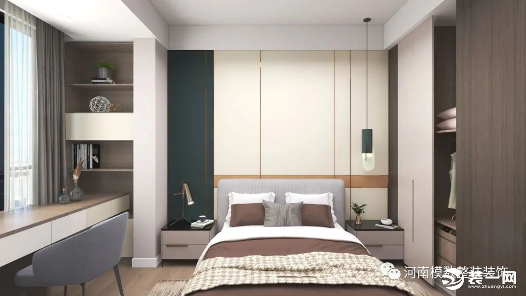 卧室采用浅灰色乳胶漆 碰撞家具的原木色 使得整个空间更加的温馨，和谐