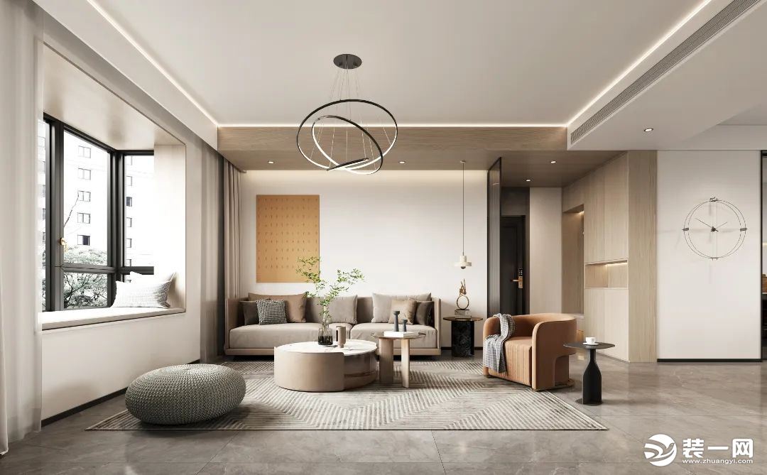 现代的待客空间。灰色石纹瓷砖地面搭配橙色皮质单人沙发、米黄色双人沙发、每一处的色彩和材质都运用的恰到